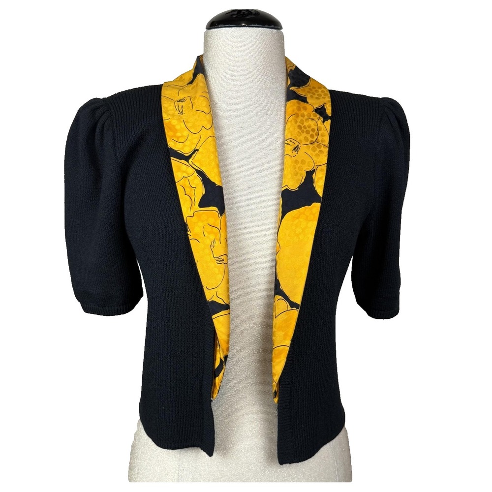 St‎ John Evening Cardigan Sweater Womens S Black Floral Collar Short Puff Sleeve